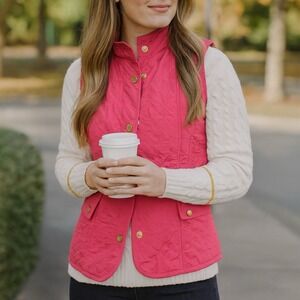 Vintage Preppy Quilted Vest M‎ Pink Gold Snap Button Equestrian Lightweight